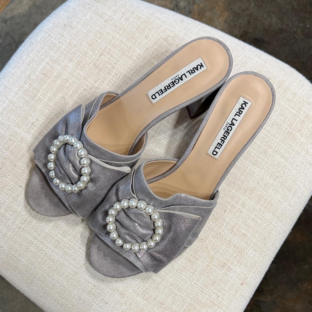 Karl Lagerfeld Silver Mules with Pearl Accent